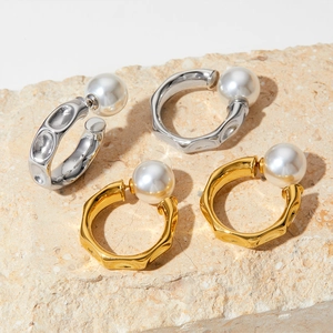 C-shaped textured stainless steel hoop earrings with large white pearls for women