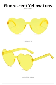 Detailed front and side view of rimless heart-shaped party sunglasses in neon yellow