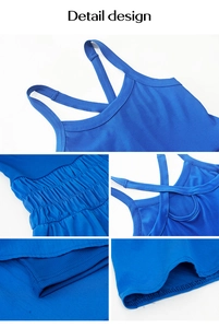 Detailed views of the blue ribbed tank dress showing straps, pleats, and back design