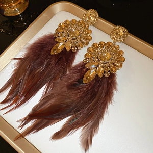 Détails de boucles d'oreilles bohèmes avec strass ambrés et plumes rouges sur plateau