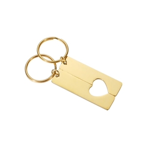 Polished gold stainless steel couple keychain set with hollow heart puzzle rectangular tags