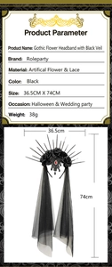 Gothic floral headband with black veil dimensions and artificial rose details