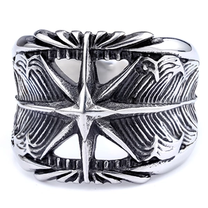 Vintage stainless steel biker ring featuring Indian feather and cross star relief detail