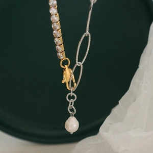 Two-tone chain necklace with sparkling cubic zirconia and baroque pearl pendant accent