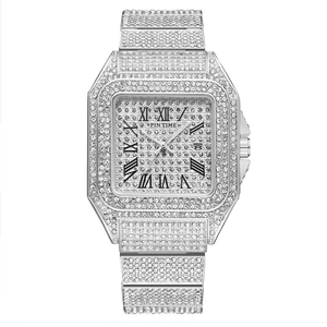Luxurious silver square quartz watch fully iced out with diamonds and Roman numerals