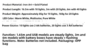 Detailed specifications for LED wrought iron string lights with gold finish options