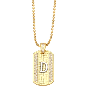 Detail of gold rectangular pendant with letter D, textured surface and bead chain