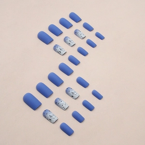 Blue matte medium square press-on nails with creative splatter effect and chic long design
