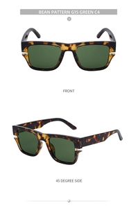 Front and side view of square tortoise sunglasses with G15 green lenses and bean pattern