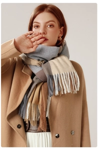 Detailed view of striped plaid scarf with fringe trim worn over a camel coat
