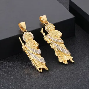 Collier Pendentif Saint Jude Acier Inoxydable Plaqué Or Strass Hip Hop Bijoux Religieux Rétro Pour Hommes