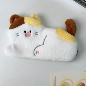 Detailed embroidery of cat face on soft plush pencil case with calico color pattern