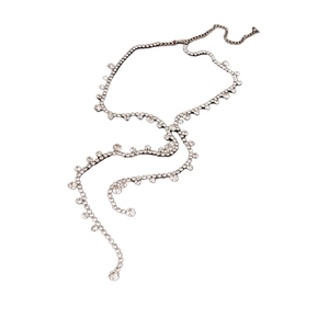 Elegant silver long tassel body chain necklace with sparkling rhinestones for women