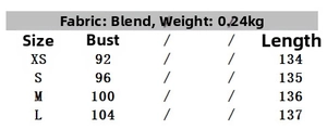 Detailed size chart for pleated midi dress showing chest and length measurements in centimeters