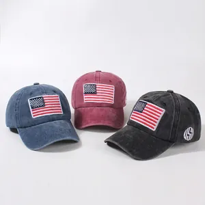 Vintage washed cotton baseball caps with American flag embroidery in three colors