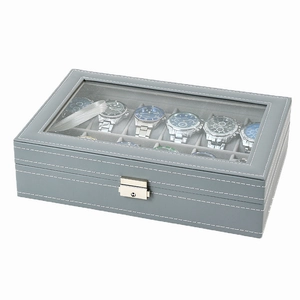 Caja para relojes de cuero PU gris con 12 ranuras y ventana de visualización clara