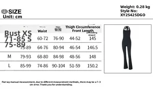 Size guide for halter flare jumpsuit showing measurements for XS S M L and bust waist hips