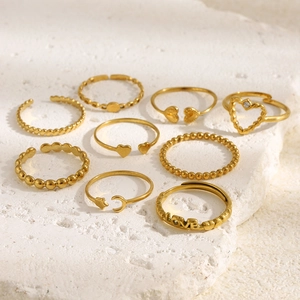 9er-Set 18K vergoldete Edelstahlringe mit Herz-, Stern- und LOVE-Motiv, verstellbar