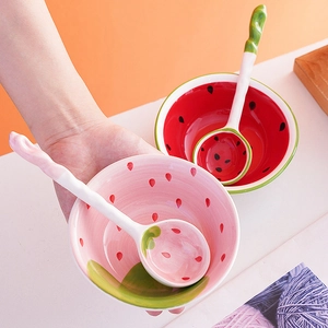 Cute fruit-themed strawberry and watermelon ceramic bowls with matching spoons for kids