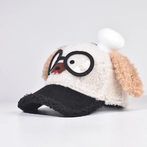 Detail of cute puppy cartoon baseball cap featuring plush ears and lamb wool texture