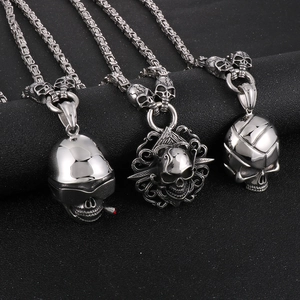 Punk style silver stainless steel necklaces with three unique skull pendants for men