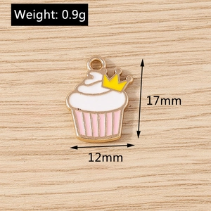 Detail view of pink crown cupcake enamel charm with dimensions 17mm x 12mm and 0.9g weight
