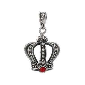 Vintage hollow crown pendant with red bead and crystals in punk hip hop style