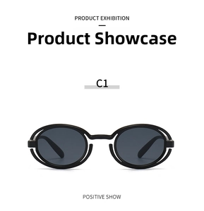 Front view of black oval punk sunglasses with unique double-layer hollowed frame design