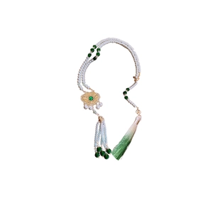 New Chinese style pearl necklace with green beads and gold tassel pendant