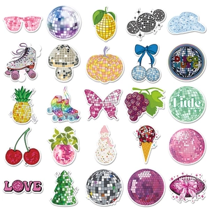 Flat lay collection of retro disco ball stickers in various shapes and glittery patterns