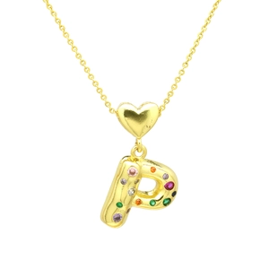 Detailed macro of gold letter P pendant set with vibrant multi-colored zircon stones