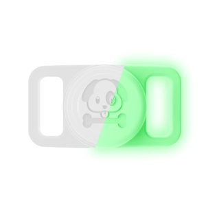 Luminous silicone AirTag case for pet collars showing day and night glow effect
