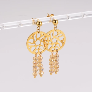 Golden stainless steel dreamcatcher earrings with champagne beaded tassels on a clean grey backdrop