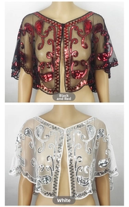 Detail of embroidered sequin mesh shawls with wavy patterns in black-red and white