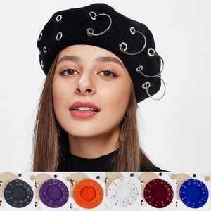 Women's Retro Punk Beret Hat With Metal Rings Grommets Polyester Artist Hat Solid Color Autumn Winter Fashion Beanie Accessory