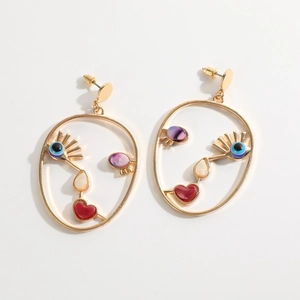 Artistic abstract face earrings in 14k gold plated brass with colorful enamel details