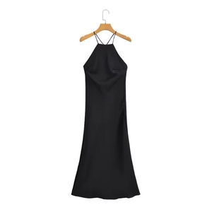 Elegant black satin halter neck maxi dress with slim straps on a wooden hanger