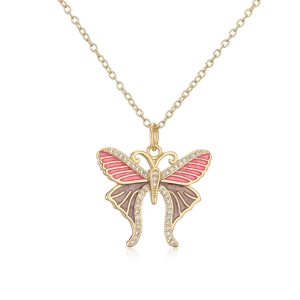 Gold butterfly pendant necklace with pink and brown enamel and sparkling zircons