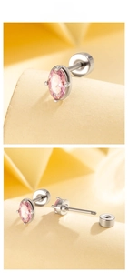 Detail of pink oval zircon stud earrings with silver polished threaded screw backs