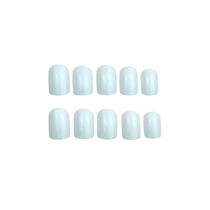 Short square light blue press-on nails set with glossy finish for a fresh manicure look
