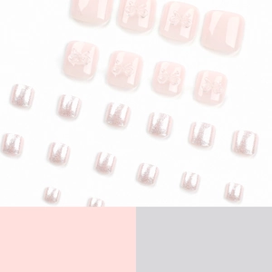 Pink glitter press-on toenails with 3D bows and shimmering finish, 24-piece set