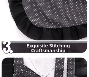 Detailed stitching on polka dot canvas apron featuring elegant ruffle edge and durable ties