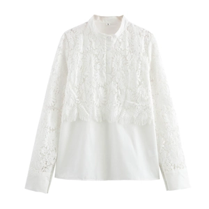 Women Blouse Top Elegant Lace Patchwork Stand Collar Long Sleeve Half Button Placket Romantic Sweet White Shirt