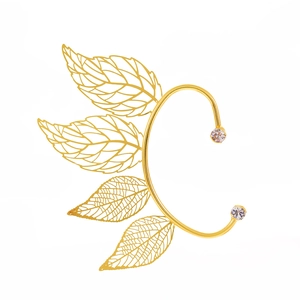 Elegant gold hollow leaf ear cuff with sparkling white rhinestones on white background