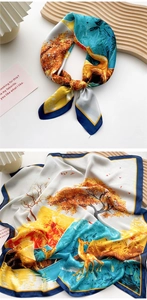Artistic oil painting style silk scarf detail with deer print on a wooden tray
