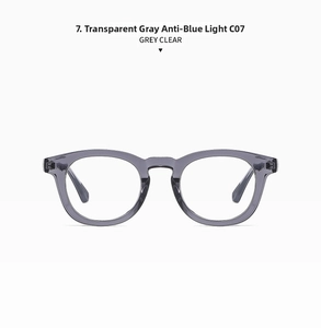 Close-up of transparent grey round frame sunglasses with anti-blue light lenses C07