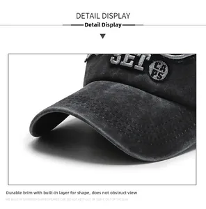 Detailed view of grey washed denim baseball cap featuring high-quality SET CAPS embroidery
