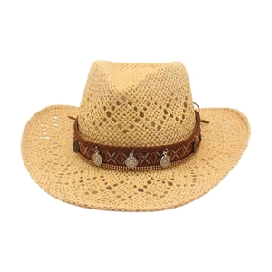 Bohemian woven straw cowboy hat with ethnic geometric band and silver metal charms