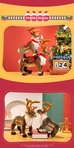 Close-up of reindeer plush toys with festive red scarves and warm Christmas decorations