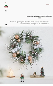 Detail of Christmas wreath with snowy pine needles, pine cones and gold ornaments on wall